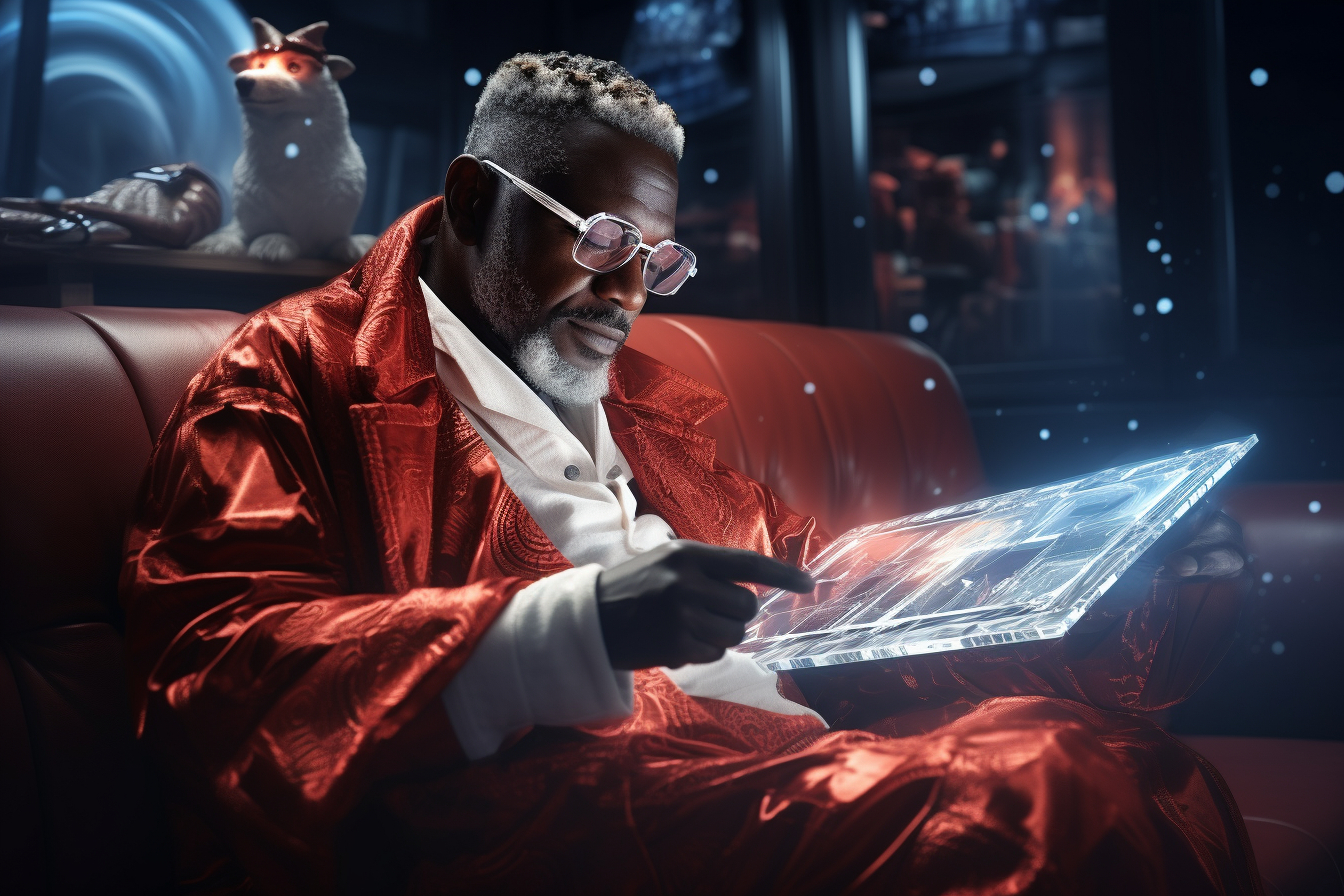 Man reading holographic newspaper