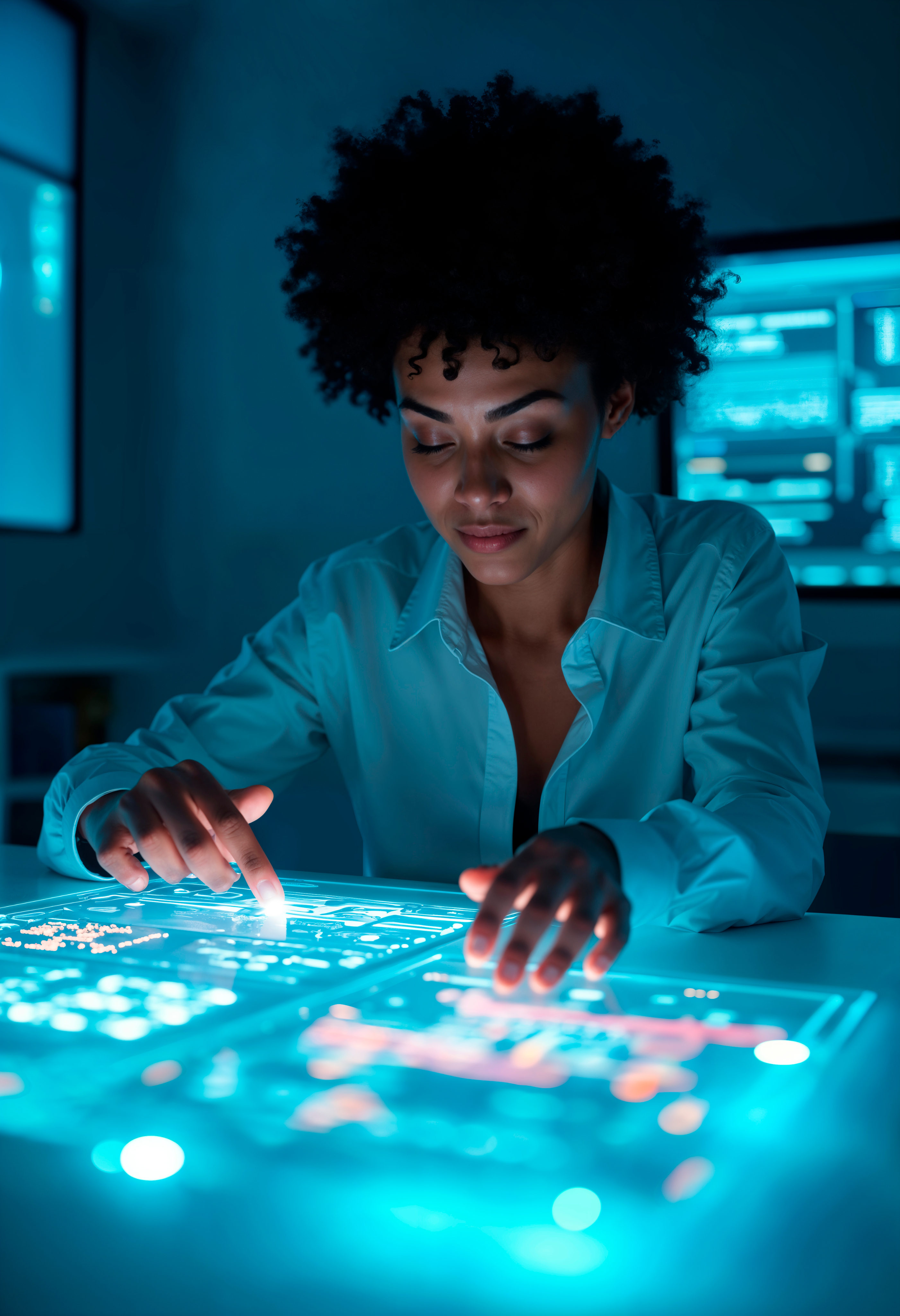 Woman interacting with holograph on desk
